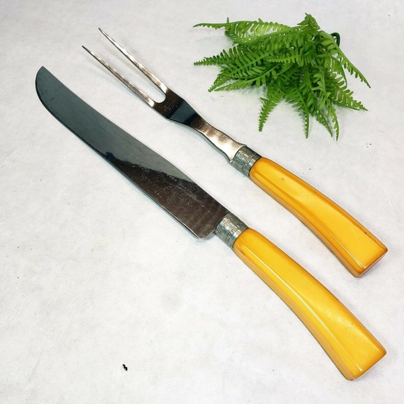 Vintage Richardson Sheffield Carving Set Butterscotch Bakelite Stainless Knife - Picture 2 of 10